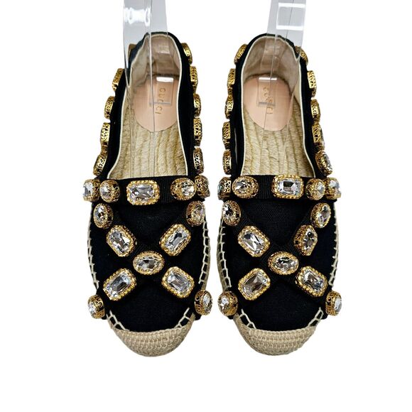 Gucci Pepita Crystal Embellished Size 37 US 7 Black Gold Canvas Espadrilles Flat - Picture 1 of 8